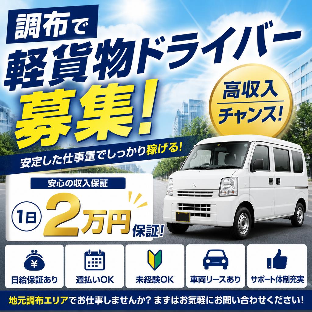 調布で軽貨物ドライバー募集！1日2万円保証の高収入チャンス！