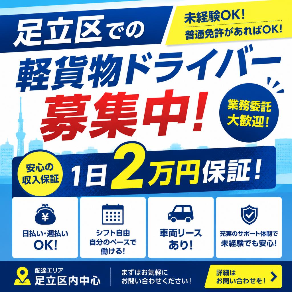 足立区での軽貨物ドライバー募集中！1日2万円保証！
