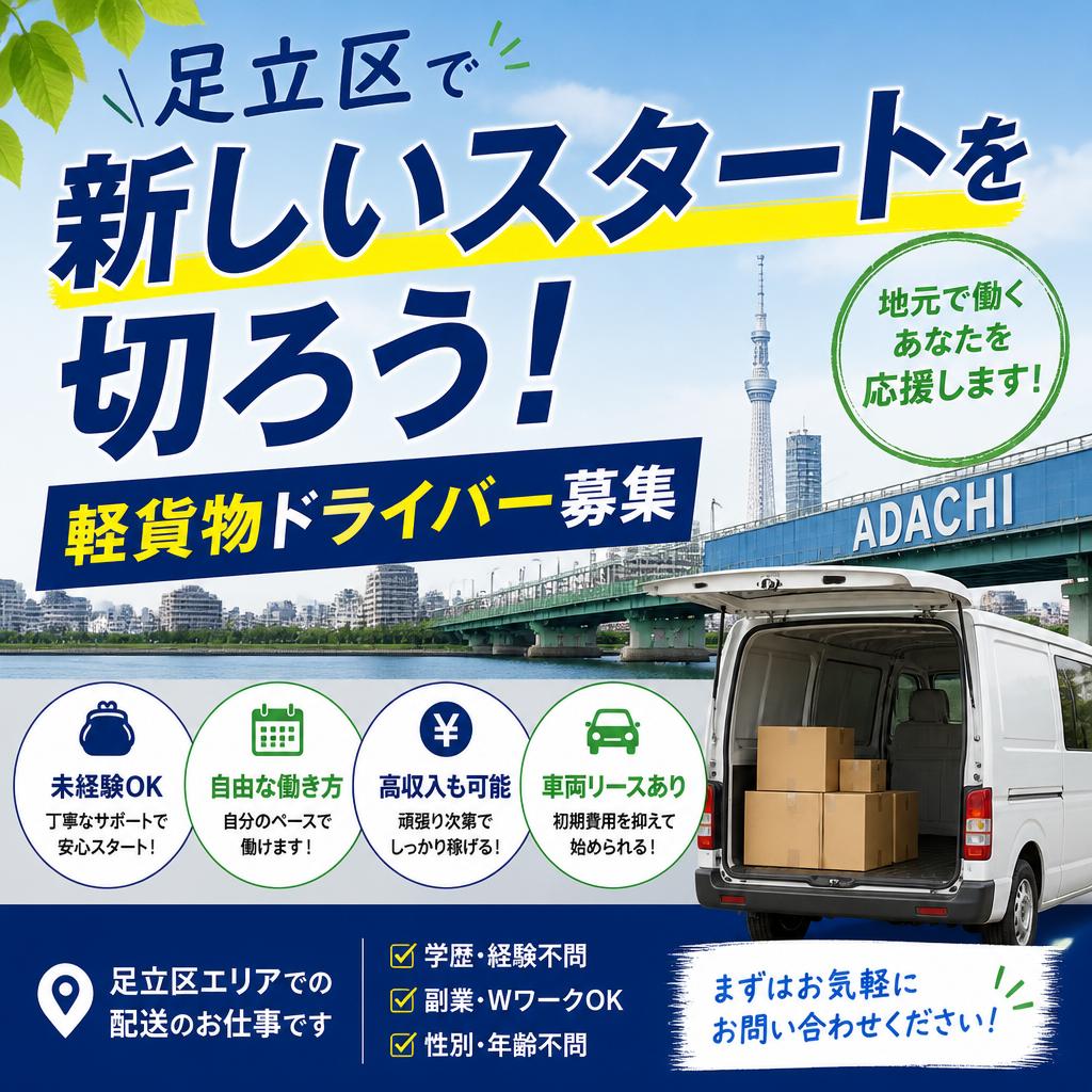 足立区で新しいスタートを切ろう！軽貨物ドライバー募集
